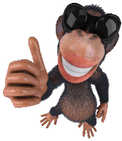 a cartoon chimpanzee wearing sunglasses is giving a thumbs up