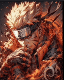 naruto is wearing a helmet with the number 6 on it and is surrounded by flames .