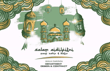 a drawing of a mosque with lanterns and the words ikhlas daripada department design & contract