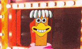 a cartoon character with a pink sweater and a yellow face