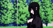 a girl with long black hair is standing in front of a forest