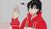 a drawing of a boy in a red hoodie with the words next stage below him
