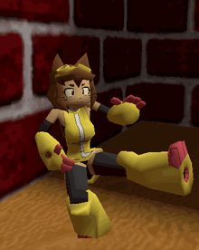 a cartoon character in a yellow outfit is sitting on a table