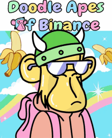 a cartoon of a monkey wearing sunglasses and a viking hat with the words doodle apes binance above him