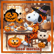 a cartoon of snoopy sitting at a table eating pancakes and a cat holding a pumpkin