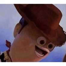 a close up of a toy story woody doll with big eyes and a hat .
