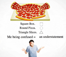 a man standing in front of a pizza that says square box round pizza triangle slices and me being confused