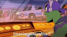 a cartoon of a man driving a car with the words " maniacal laughter " written below him