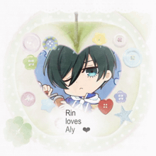 rin loves aly is written on a picture of a heart shaped apple