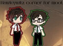 a poster for hawleywitz corner for moot has two cartoon characters standing next to each other