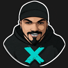 a man with a beard wearing a black hoodie with a blue x on it