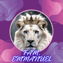 a picture of a white lion with a crown on its head with the words fam emmanuel below it