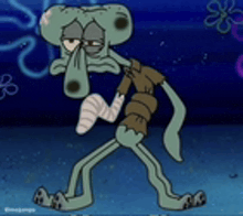 squidward from spongebob squarepants is walking with a bandaged arm and leg .