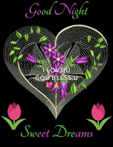 a heart with purple flowers and green leaves on a black background with the words " good night sweet dreams "