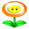 a pixel art drawing of a flower with a yellow face and green leaves .