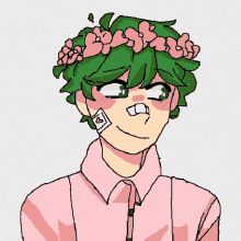 a pixel art of a boy with green hair and a flower crown on his head