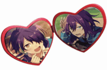 a couple of heart shaped mirrors with purple haired anime characters on them