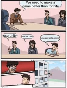 a cartoon of a group of people having a meeting about making a game better than fortnite .