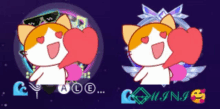 a cartoon cat with hearts on its eyes is next to a logo that says " coming "