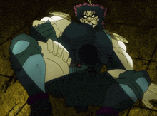 a cartoon character is kneeling down with his legs crossed and has a very angry face