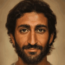 a close up of a man 's face with a beard and long hair