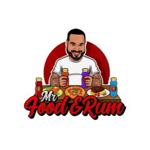 a cartoon of a man sitting at a table with food and drinks with the words mr. food & run below him