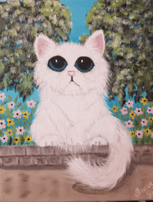 a painting of a white cat with blue eyes is signed by amanda