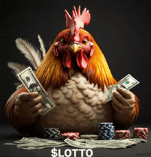 a rooster holding a stack of 100 dollar bills and poker chips
