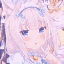 a close up of a cute anime girl with white hair and blue eyes wearing a headband with bows .