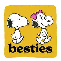 two snoopys are standing next to each other on a yellow background with the words besties