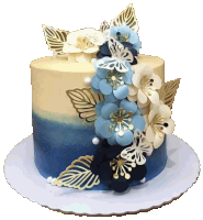 a cake with blue and white flowers and butterflies