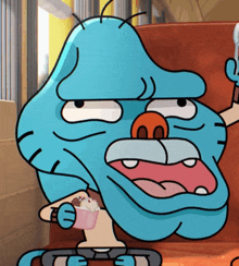 a cartoon character holding a cup of ice cream with his mouth open