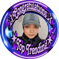 a congratulations top trending sticker with a picture of a woman in a baseball cap