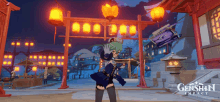 a video game called genshin impact has a character standing in front of lanterns