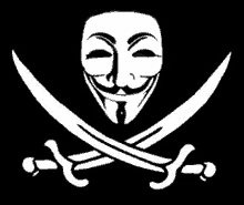 a pirate flag with a mask and crossed swords on a black background .