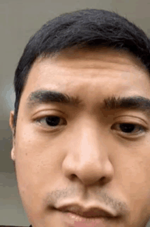 a close up of a man 's face with a beard looking at the camera .