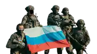 a group of soldiers are holding a large russian flag