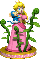 a statue of princess peach holding a blue monkey in her arms