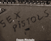 a black and white photo of a box that says sex pistols on it