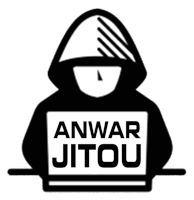 a logo for anwar jitou shows a person in a hoodie holding a laptop