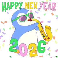a penguin wearing sunglasses is playing a saxophone in front of numbers 2026
