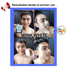 a man is holding a bar of wink white soap in his hand