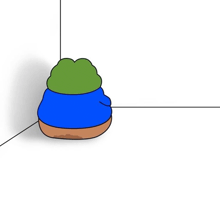 a cartoon frog is sitting in a corner of a room with a blue sweater on .