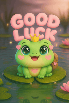 a frog with a crown on its head is sitting on a lily pad with the words good luck above it