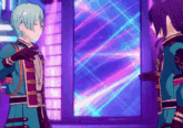 a couple of anime characters standing next to each other in front of a mirror