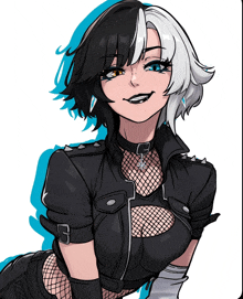 a drawing of a girl with black and white hair wearing a black jacket