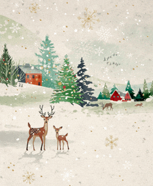 a painting of deer and a christmas tree with snowflakes