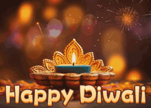 a happy diwali card with a candle and fireworks