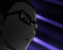 a close up of a man 's face with glasses and a purple background