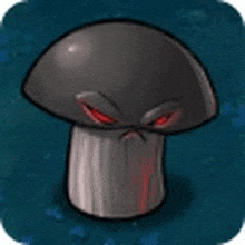 a cartoon drawing of a mushroom with red eyes and a skull face .